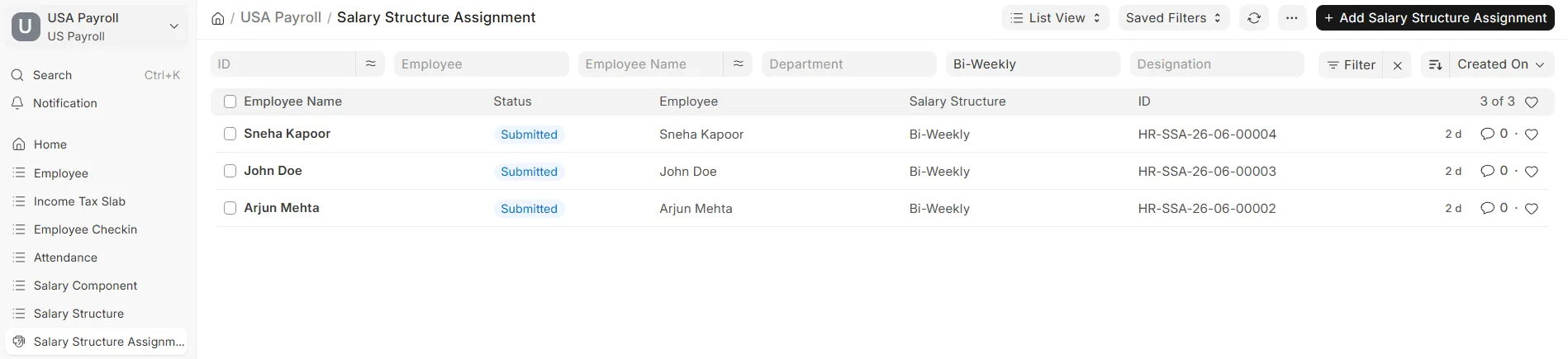 Salary Structure Assignment list view