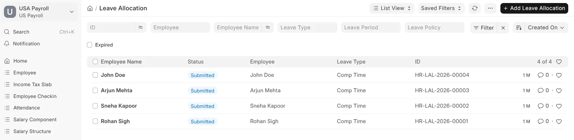 Leave Allocation list view
