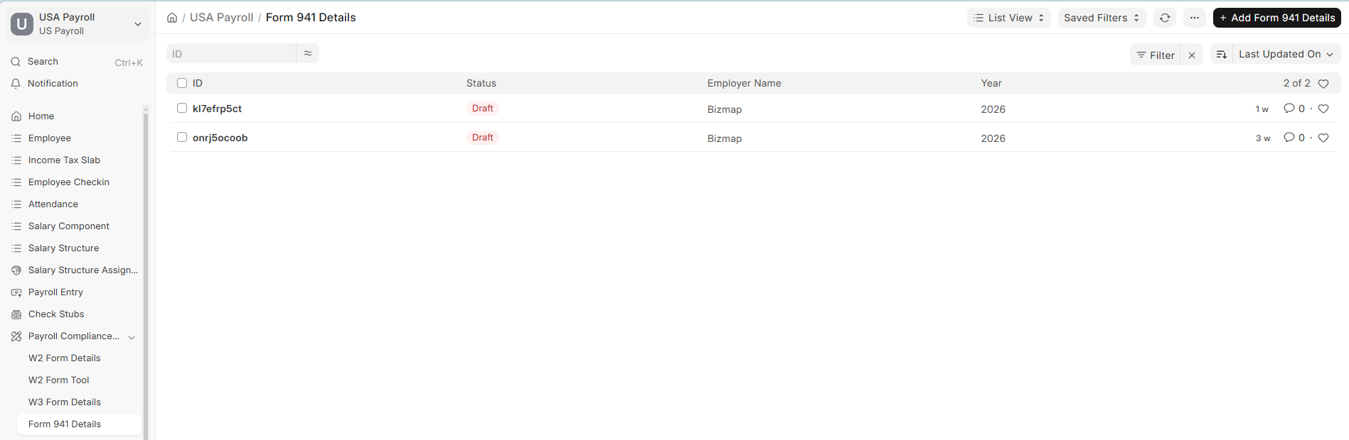 Form 941 Details workspace